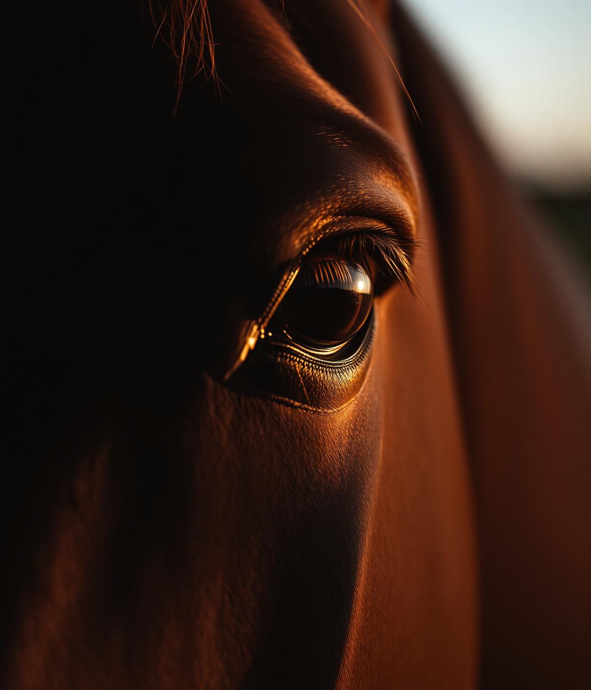 Mirada cercana de un caballo bañada por luz dorada