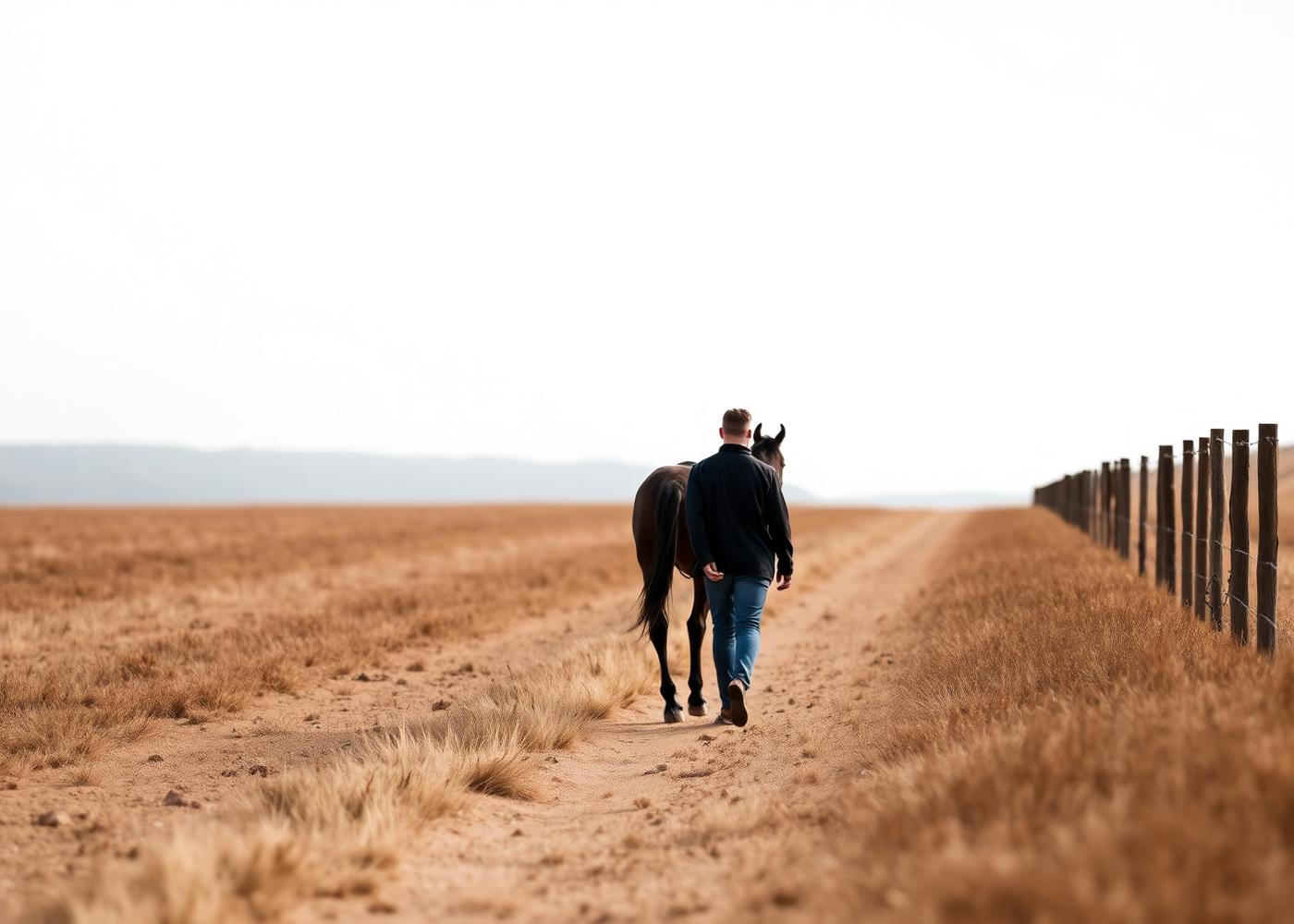 Persona caminando junto a un caballo en un campo abierto